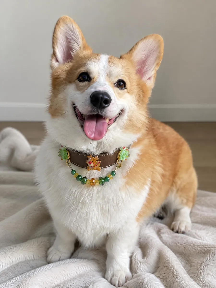 Corgi wearing a colorful crystal collar