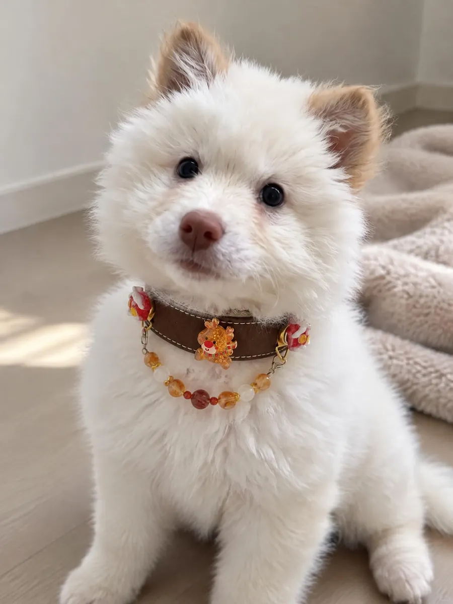 Puppy wearing a flower crystal collar — gift ready