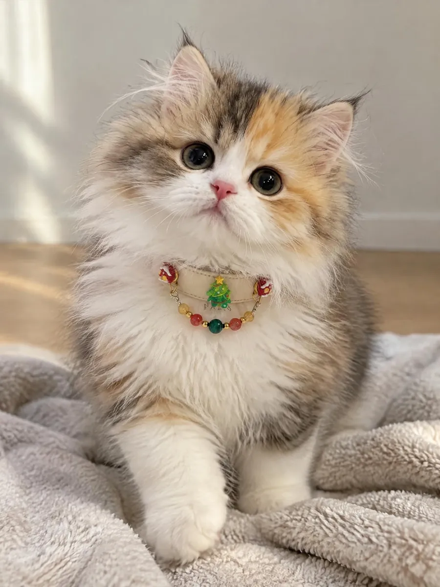 Fluffy cat wearing a colorful crystal collar